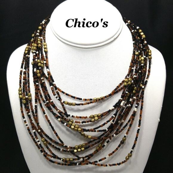Chico's Boho Seed Bead Glass Multi-strand Necklace, Multicolored Natural Tones - Picture 1 of 9